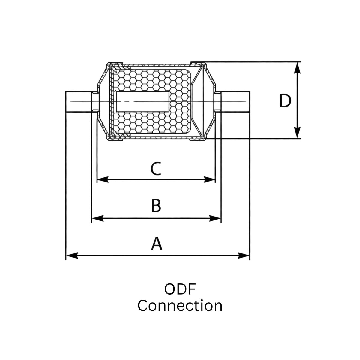 Technical dimensional drawing of a suction line filter drier with solder connections, showing internal mesh construction and dimensions A, B, C, and D.