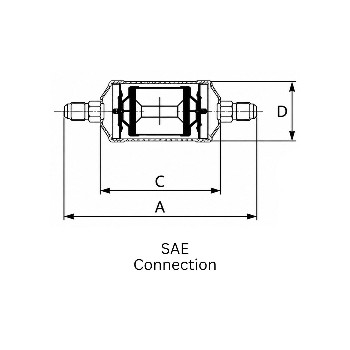 Technical dimensional drawing of a suction line filter drier showing SAE connection configurations, internal cross-sectional views, and measurements labeled A, C, and D.