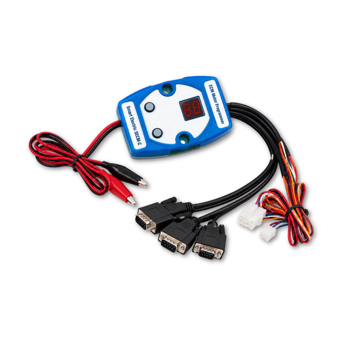 Smart Electric SECM-C ECM motor torque programmer with LED display, control buttons, power leads, and multiple wiring connectors for HVAC motor programming.