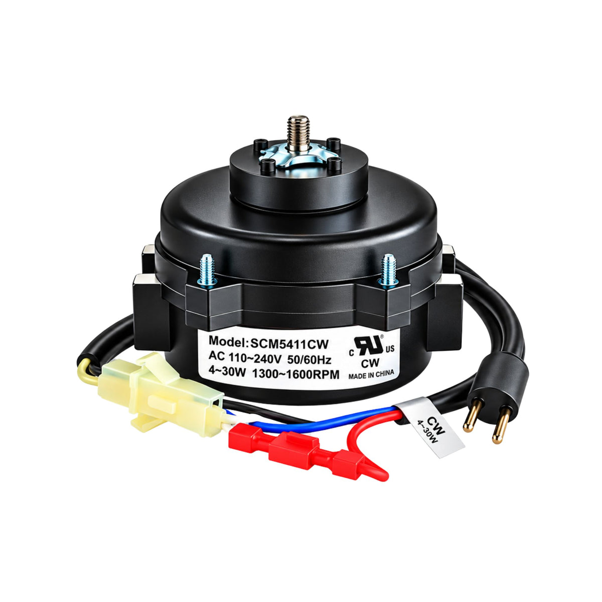 Smart Electric SCM5411CW AC motor with clockwise rotation, 110–240V, 4–30W, IP67 protection, threaded shaft, mounting bolts, and electrical connectors.
