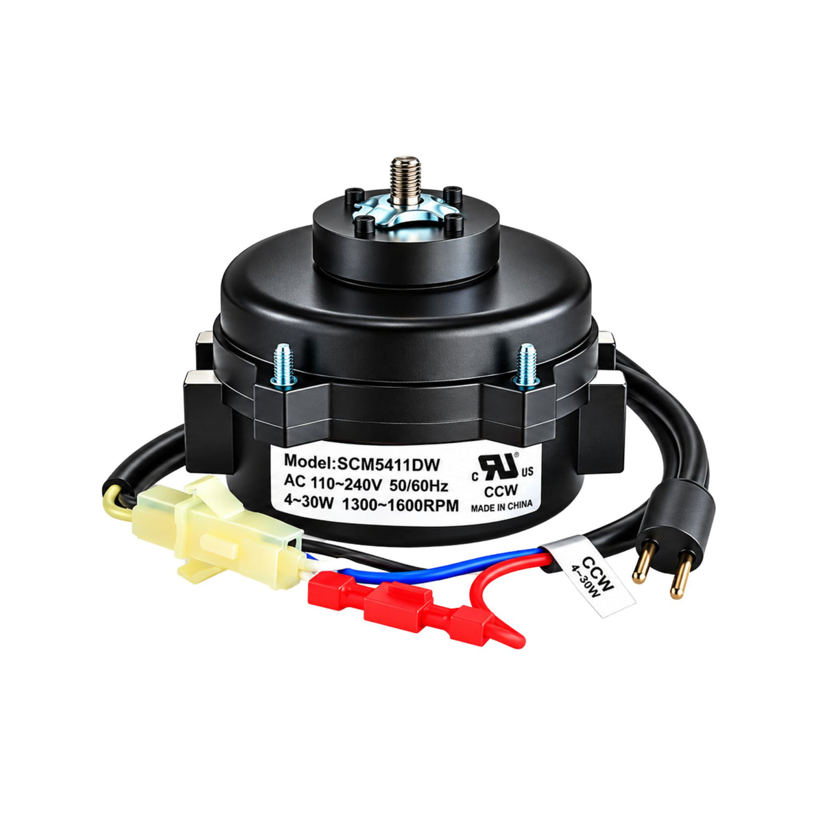 Smart Electric SCM5411DW AC motor, 110–240V, 4–30W, IP67 protection, featuring a black cylindrical housing, threaded shaft, mounting hardware, and electrical wiring connectors.