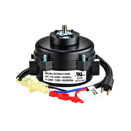 Smart Electric SCM5411DW AC motor, 110–240V, 4–30W, IP67 protection, featuring a black cylindrical housing, threaded shaft, mounting hardware, and electrical wiring connectors.