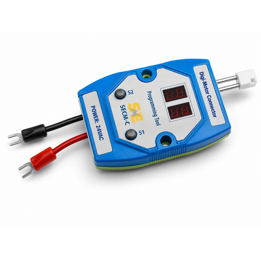 Smart Electric SECM-C ECM motor programmer front view featuring dual LED displays, S1 and S2 control buttons, 24 VAC power leads, and Digi-Motor connector.