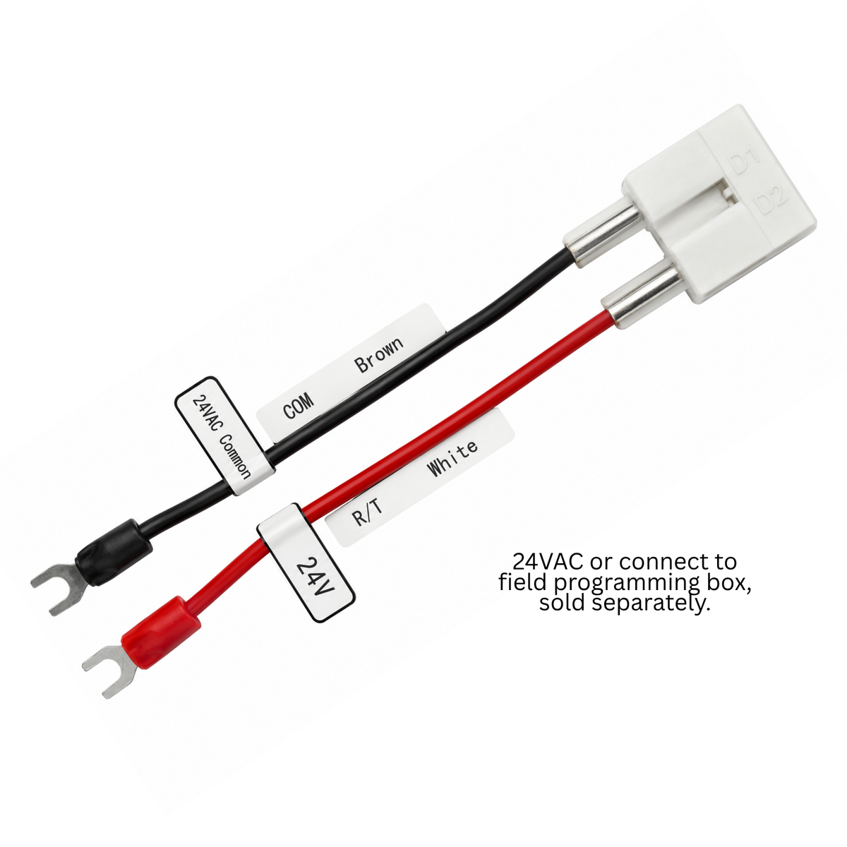 Smart Electric SECM-C motor programmer 24 VAC power connection with red and black leads, fork terminals, and D1/D2 connector.