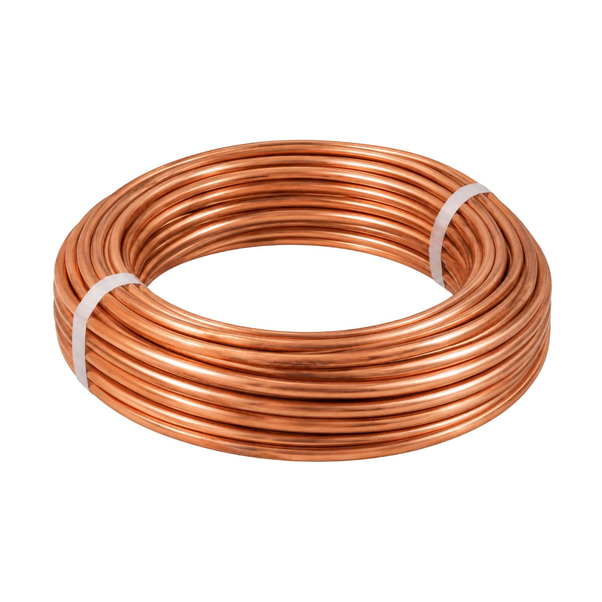 Smart Tubes 1/4"x 50ft refrigeration copper tubing coil with natural copper finish and securing straps, for HVAC and refrigeration applications.