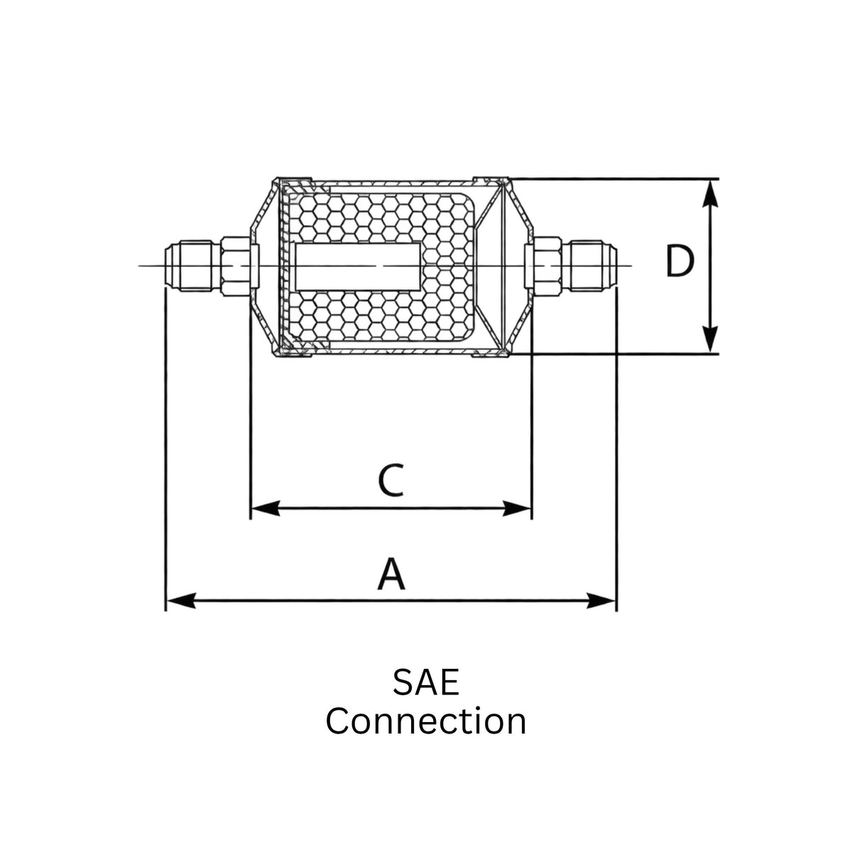 Technical dimensional drawing of a suction line filter drier with flare connections, showing internal mesh construction and dimensions A, C, and D.