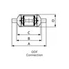 Technical dimensional drawing of a suction line filter drier showing ODF connection configurations, internal cross-sectional views, and measurements labeled A, B, C, and D.