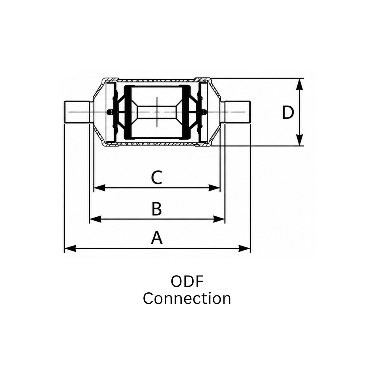 Technical dimensional drawing of a suction line filter drier showing ODF connection configurations, internal cross-sectional views, and measurements labeled A, B, C, and D.